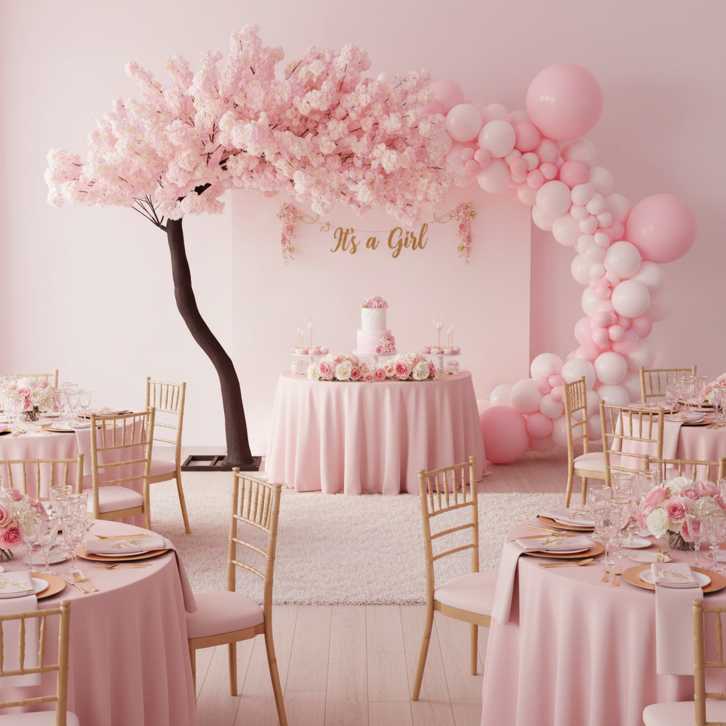 baby girl shower reception with 9.5ft Cherry Blossom Tree Backdrop Frame Stand - Pink