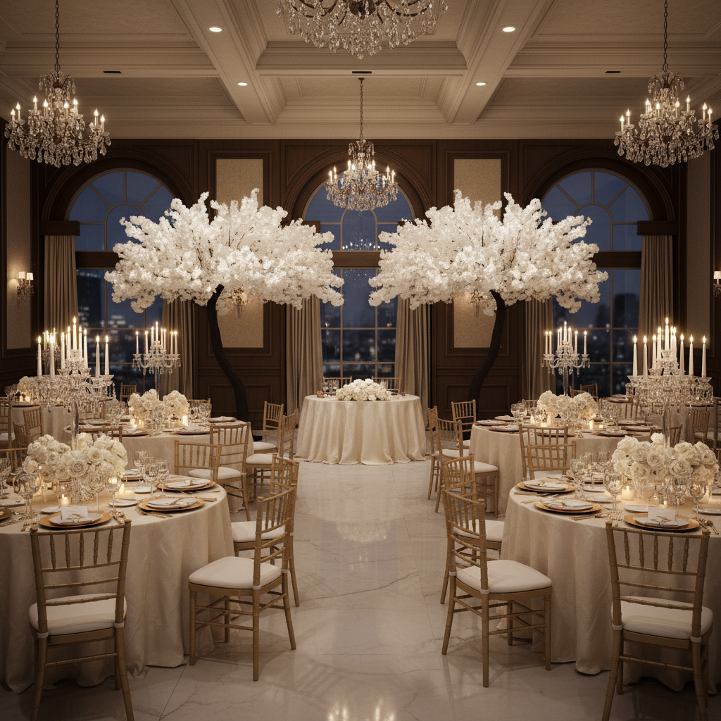 wedding reception with 9.5ft Cherry Blossom Tree Backdrop Frame Stand - White