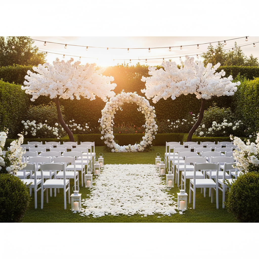 outdoor wedding ceremony with 9.5ft Cherry Blossom Tree Backdrop Frame Stand - White