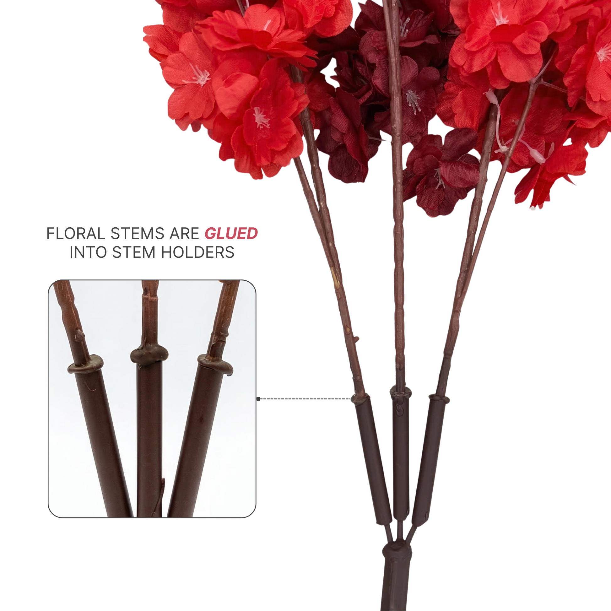 9.5ft Heart Shaped Cherry Blossom Wedding Arch Backdrop (2pc/set) Red close up of floral stems glued in the holder