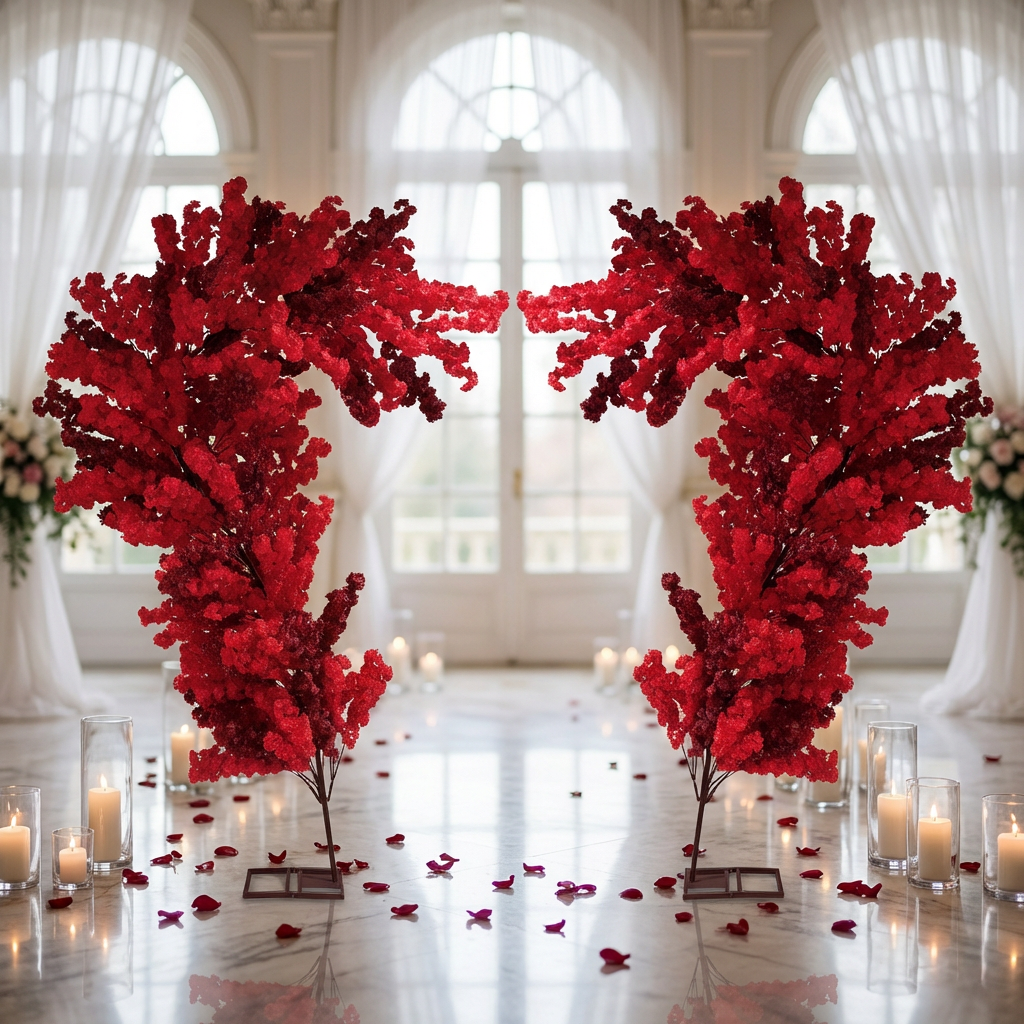 wedding proposal with the 9.5ft Heart Shaped Cherry Blossom Wedding Arch Backdrop (2pc/set) Red, pillar candles and red rose petals