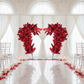 9.5ft Heart Shaped Cherry Blossom Wedding Arch Backdrop 2pc Red in front of a backdrop using white sheer voile drapes