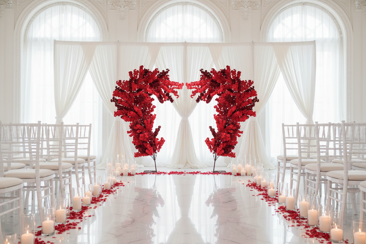 9.5ft Heart Shaped Cherry Blossom Wedding Arch Backdrop 2pc Red in front of a backdrop using white sheer voile drapes