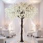 9.5ft Weeping Cherry Blossom Tree White with sheer voile draping, votive candles, crystal drop centerpieces, and white suede lounge chairs