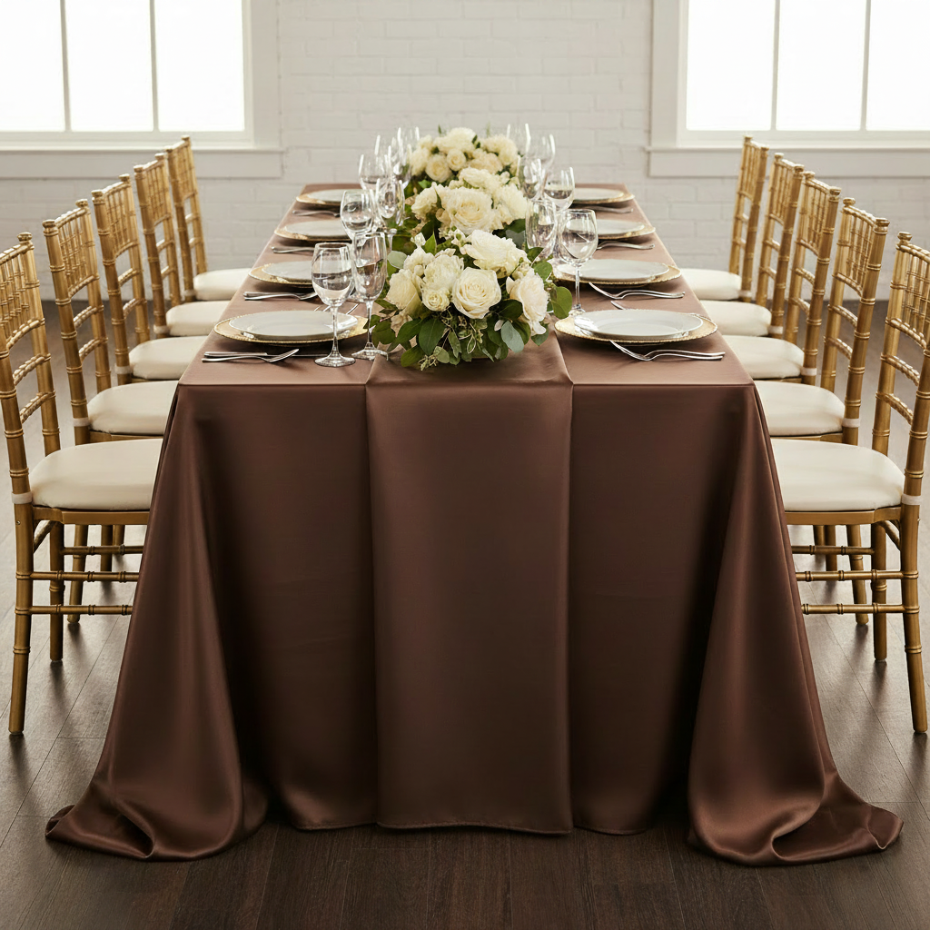90"x156" Rectangular Satin Tablecloth - Chocolate Brown.