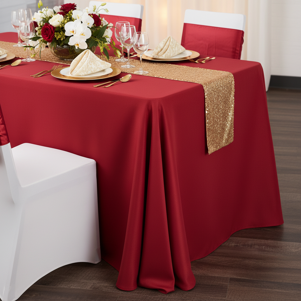 valentines dinner using 90"x132" Rectangular Oblong Premium Polyester Tablecloth - Apple Red with gold table runner and banquet chair cover