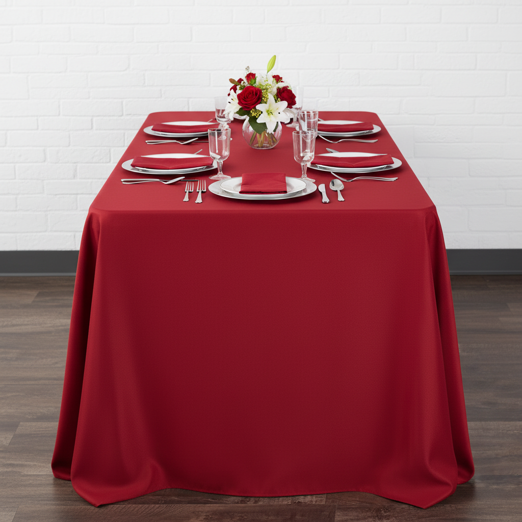 front view showing 90"x132" Rectangular Oblong Premium Polyester Tablecloth - Apple Red with silver charger plate and apple red napkin
