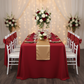 wedding reception using 90"x132" Rectangular Oblong Premium Polyester Tablecloth - Apple Red with champagne table runner and apple red chair sash tie