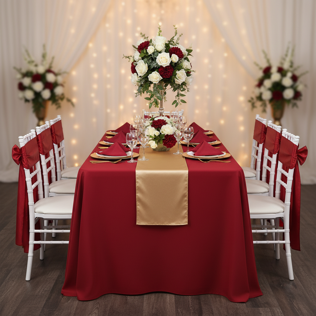 wedding reception using 90"x132" Rectangular Oblong Premium Polyester Tablecloth - Apple Red with champagne table runner and apple red chair sash tie
