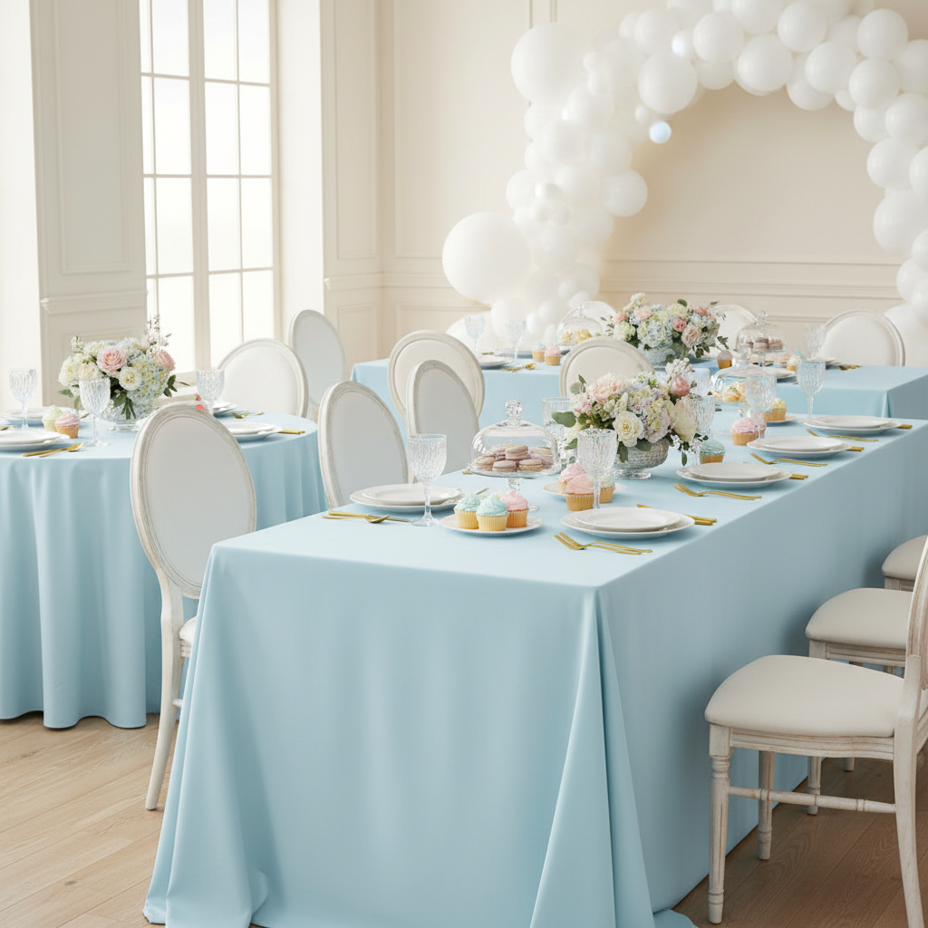 indoor baby shower reception with 90"x132" Rectangular Oblong Premium Polyester Tablecloth - Baby Blue