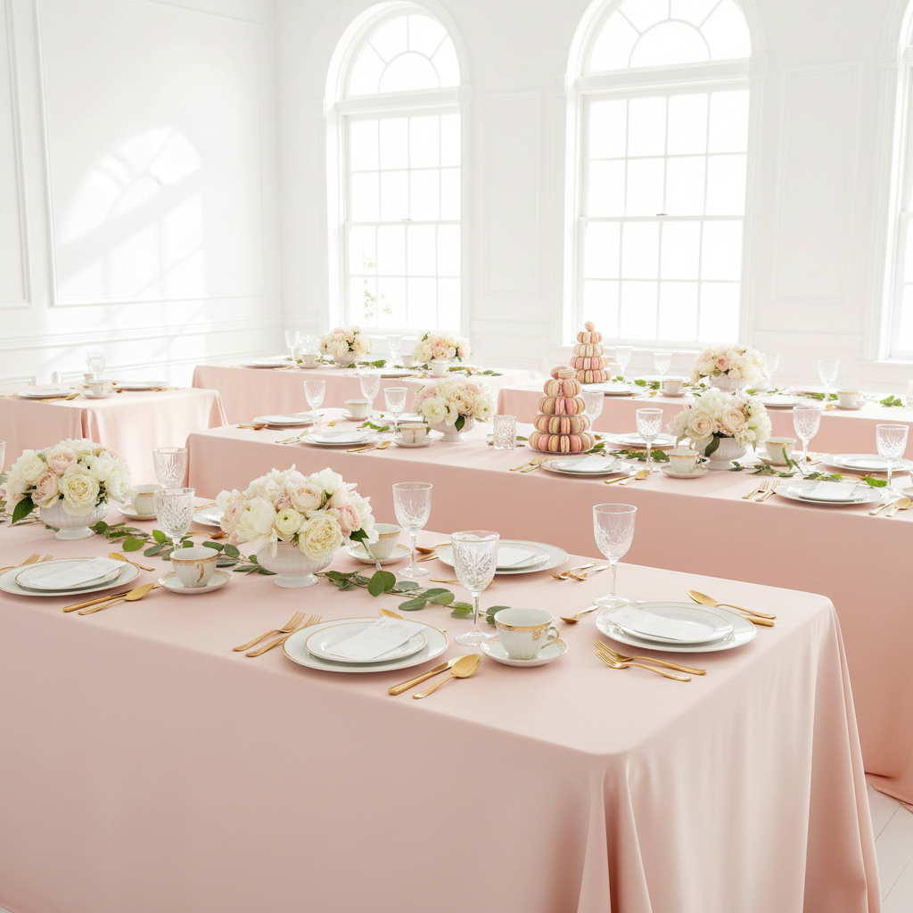 bridal shower setup with 90"x132" Rectangular Oblong Premium Polyester Tablecloth - Blush/Rose Gold