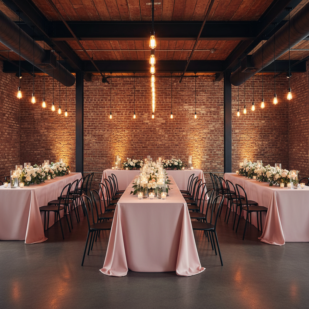 industrial backyard setup with 90"x132" Rectangular Oblong Premium Polyester Tablecloth - Blush/Rose Gold