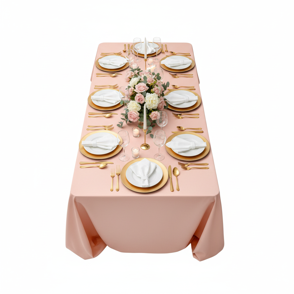 top view baby shower setup with 90"x132" Rectangular Oblong Premium Polyester Tablecloth - Blush/Rose Gold
