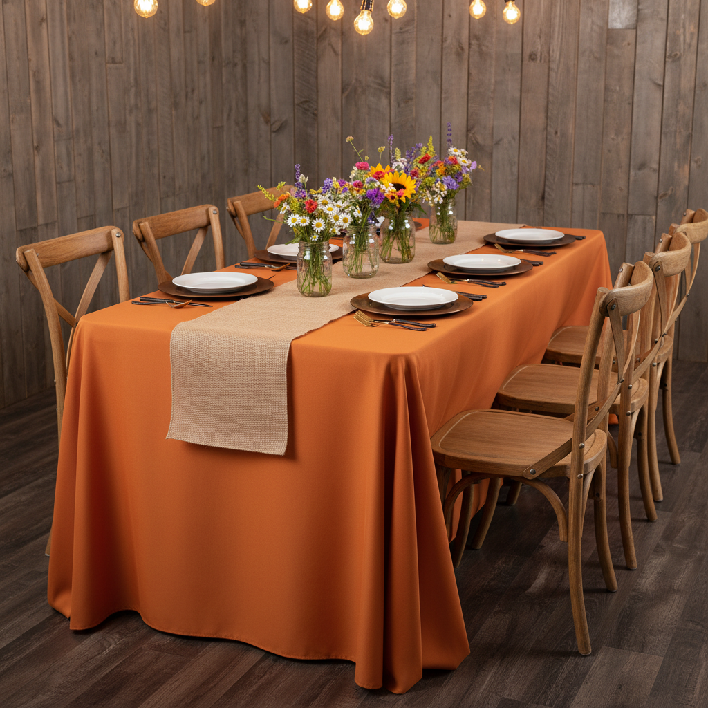 90"x132" Rectangular Oblong Premium Polyester Tablecloth - Burnt Orange | charger plate | napkin | table runner | dinner plate |