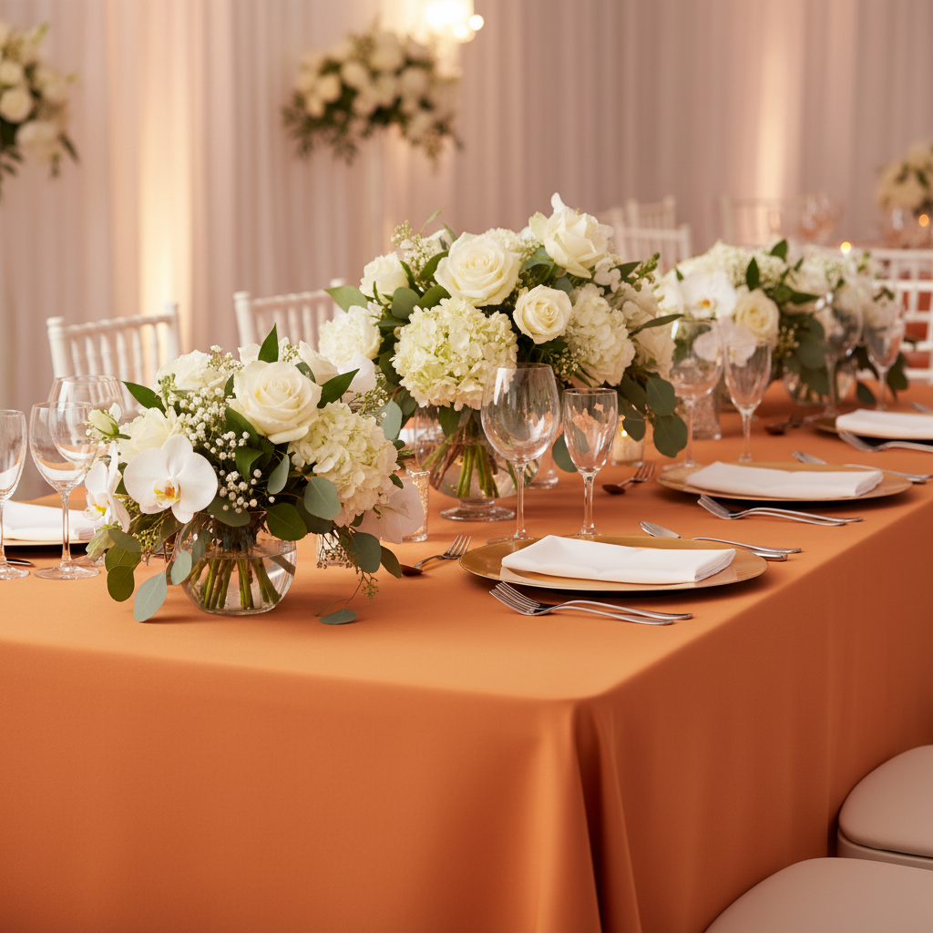 90"x132" Rectangular Oblong Premium Polyester Tablecloth - Burnt Orange | charger plate | napkin | wine goblet | dinner plate |