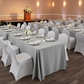90"x132" Rectangular Oblong Premium Polyester Tablecloth - Gray/Silver with silver charger plate | white napkin | wine goblets