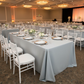 90"x132" Rectangular Oblong Premium Polyester Tablecloth - Gray/Silver with silver charger plate | white napkin | wine goblets