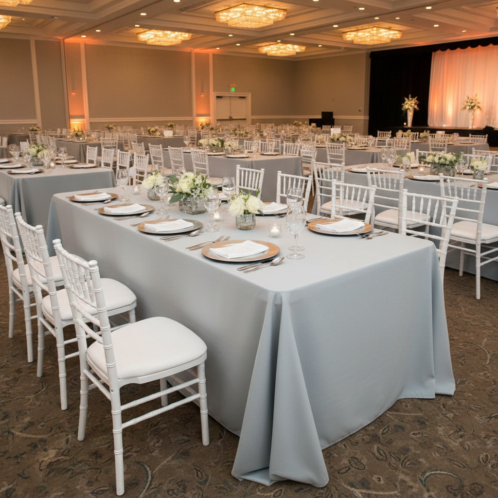 90"x132" Rectangular Oblong Premium Polyester Tablecloth - Gray/Silver with silver charger plate | white napkin | wine goblets