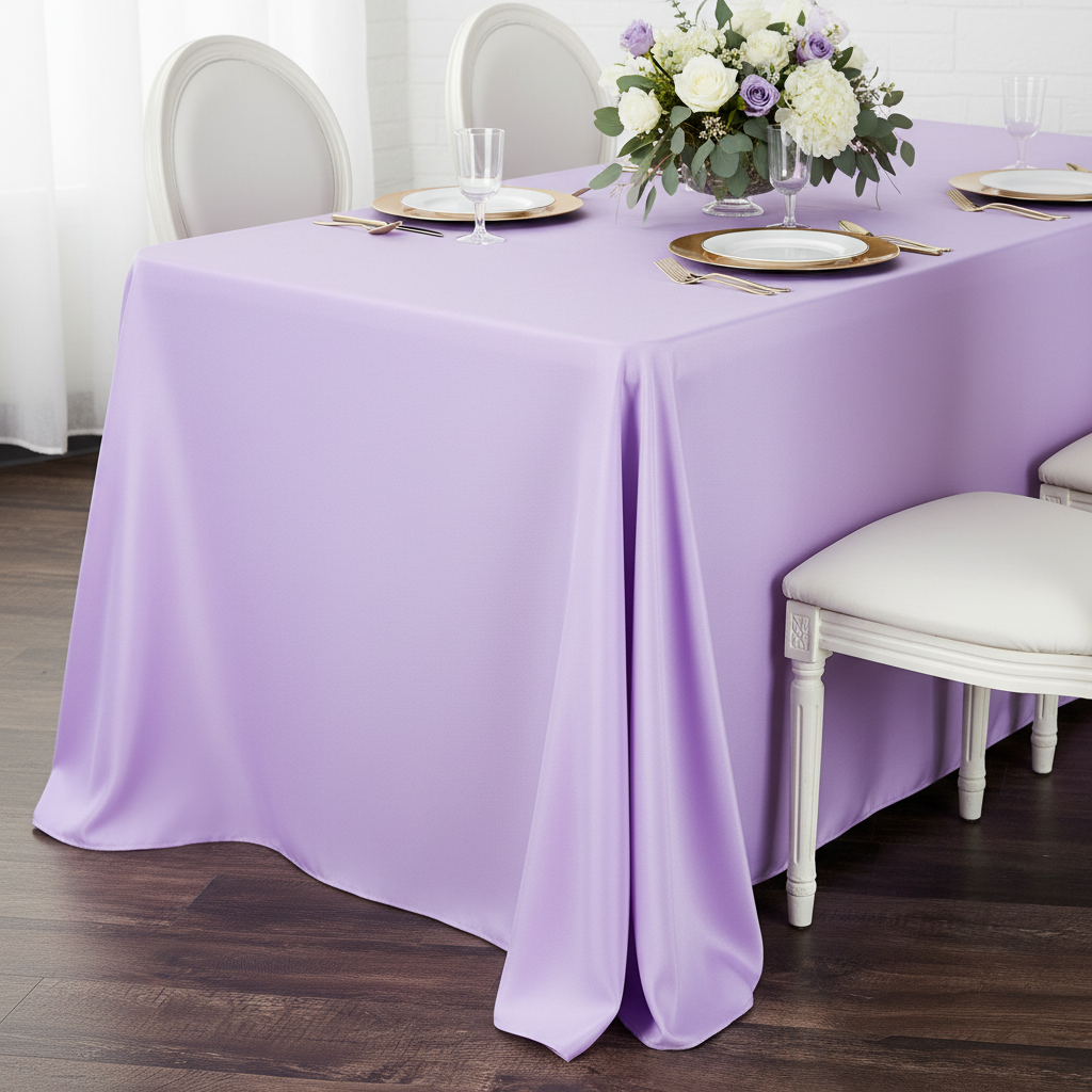 90"x132" Rectangular Oblong Premium Polyester Tablecloth - Lavender | white dinner plate | gold charger plate | wine goblet