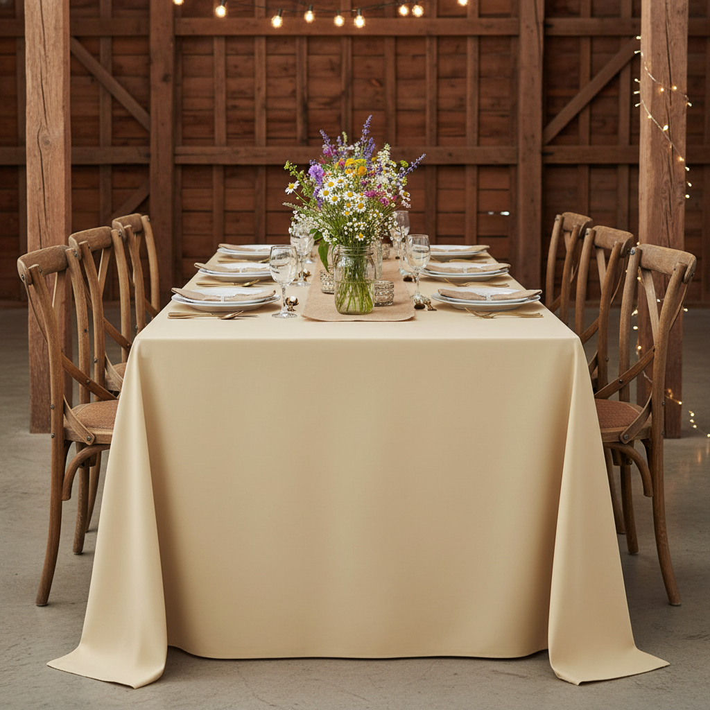 90"x132" Rectangular Oblong Premium Polyester Tablecloth - Nude | chairs | napkin | dinner plate |