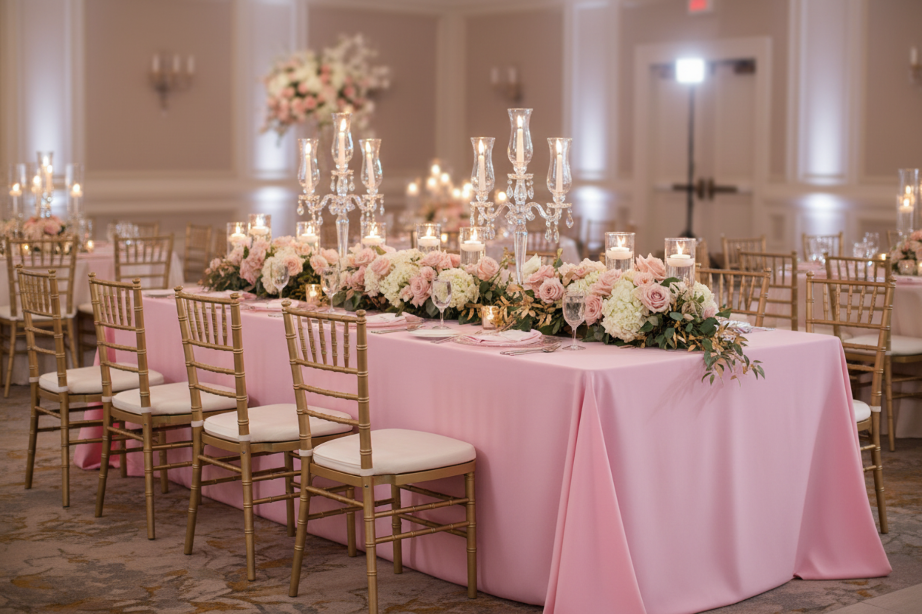 wedding reception with 90"x132" Rectangular Oblong Premium Polyester Tablecloth - Pink