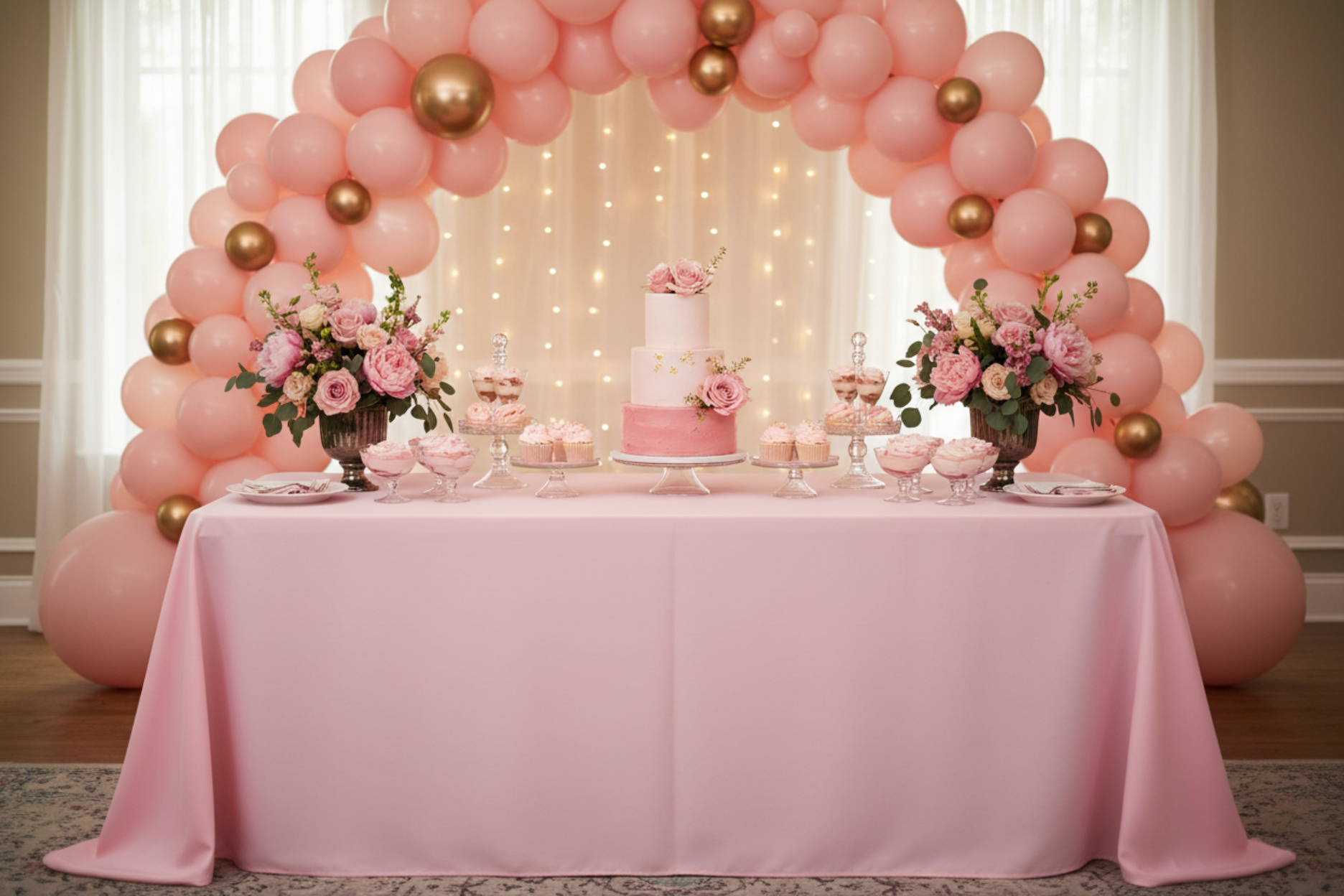 indoor baby shower with 90"x132" Rectangular Oblong Premium Polyester Tablecloth - Pink