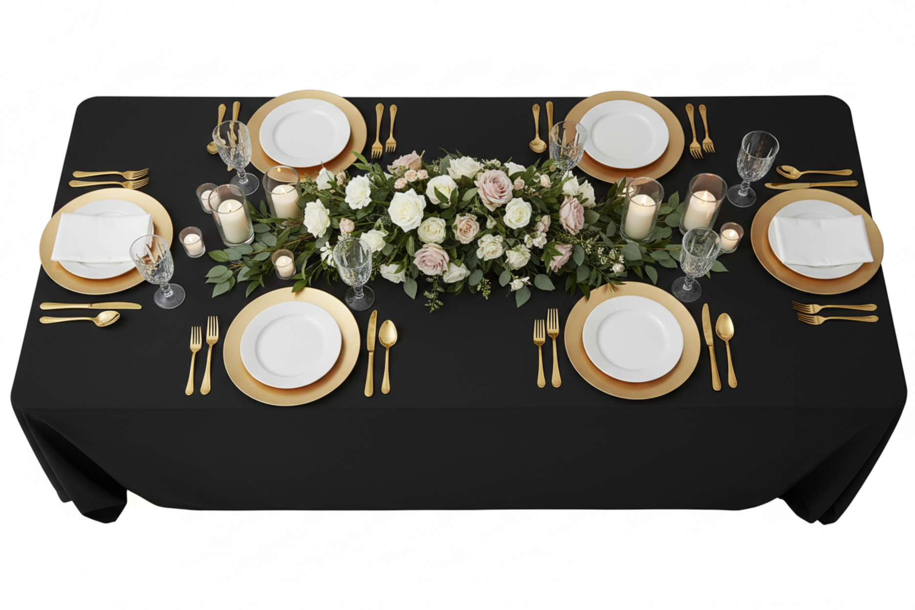top view setup with 90"x132" Rectangular Premium Polyester Tablecloth (Square Corners) - Black