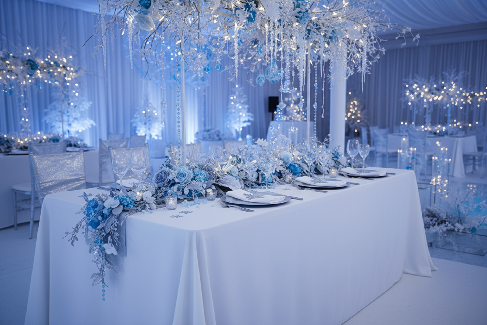winter wonderland theme with 90"x132" Rectangular Premium Polyester Tablecloth (Square Corners) - White