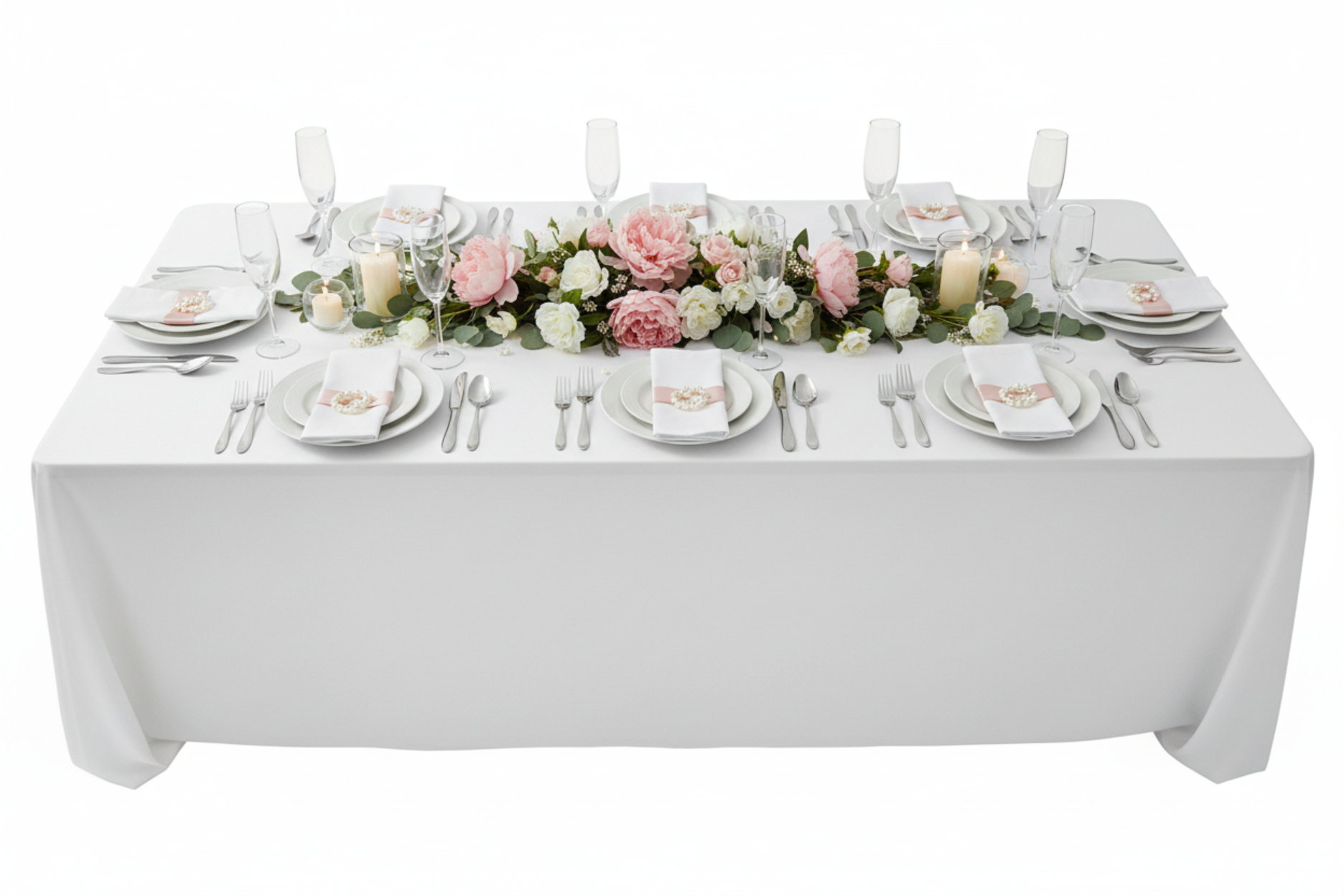 top view of bridal shower setup with 90"x132" Rectangular Premium Polyester Tablecloth (Square Corners) - White