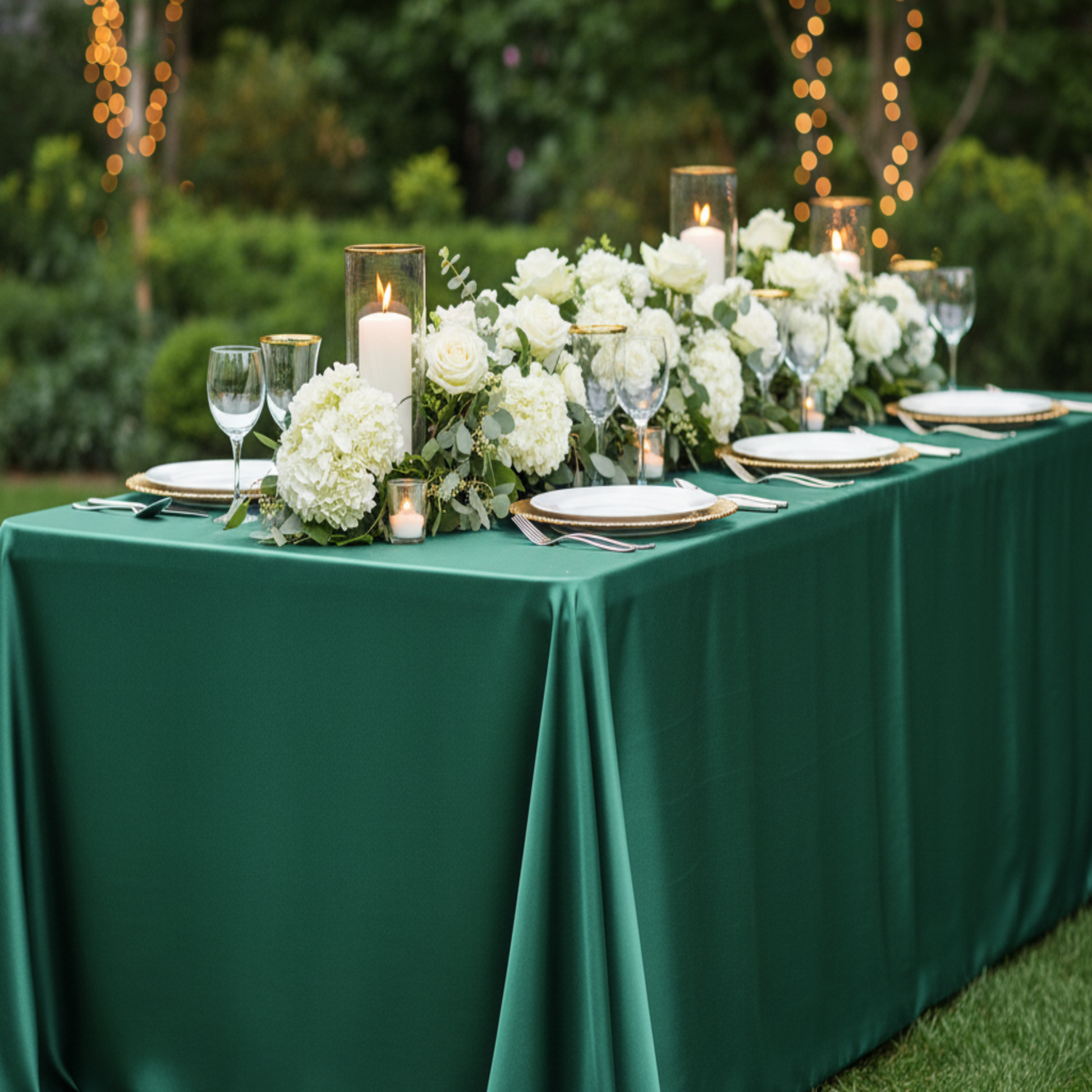 Emerald Green 90x132 Satin Tablecloth Outdoor Wedding Reception