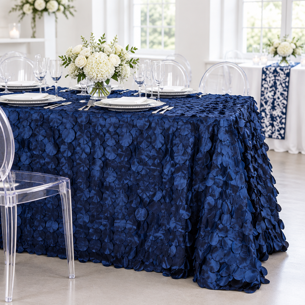 90"x132" Petal Circle Taffeta Rectangular Tablecloth - Navy Blue.