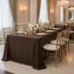 90"x132" Rectangular Oblong Premium Polyester Tablecloth - Chocolate Brown with Chiavari Gold Chairs.