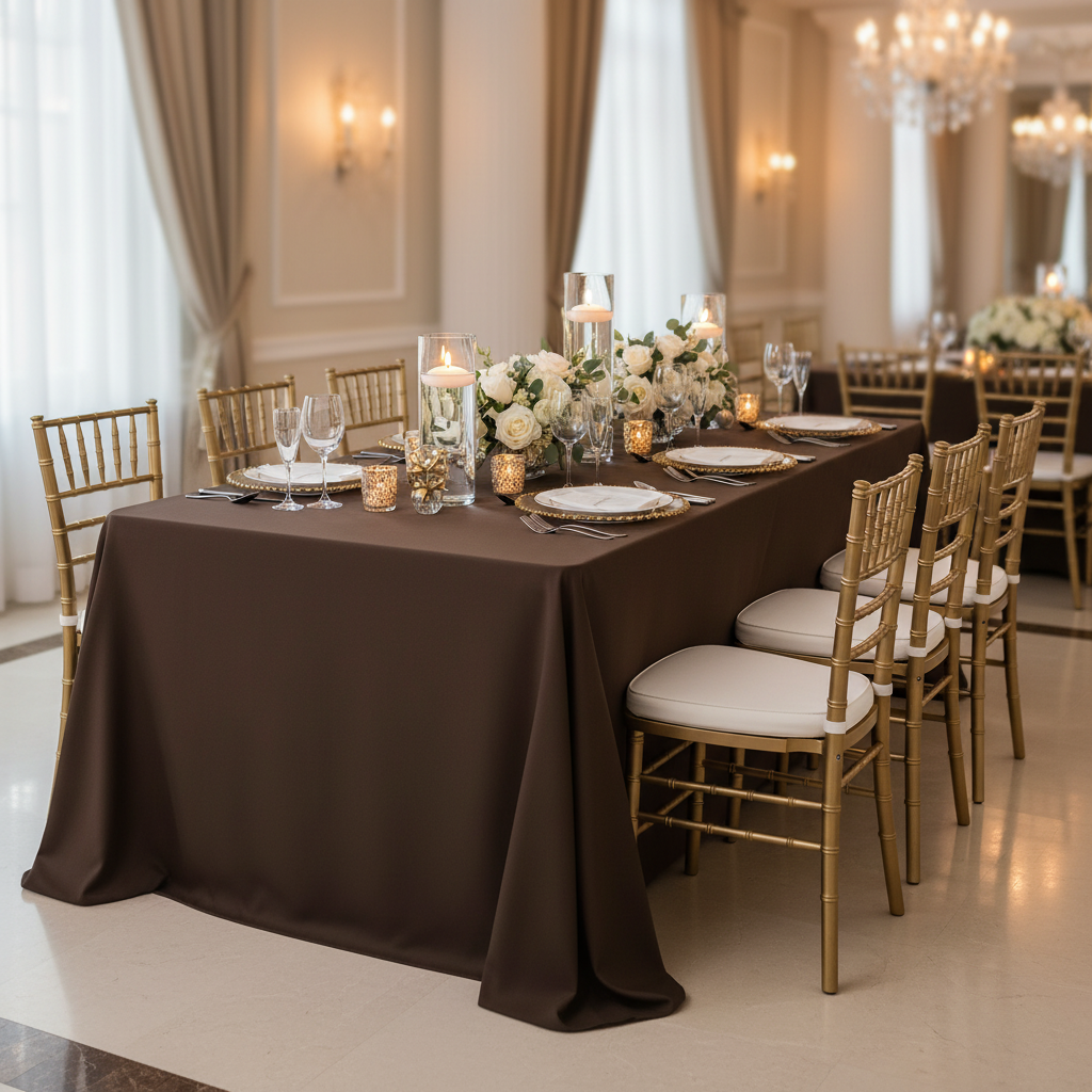 90"x132" Rectangular Oblong Premium Polyester Tablecloth - Chocolate Brown with Chiavari Gold Chairs.