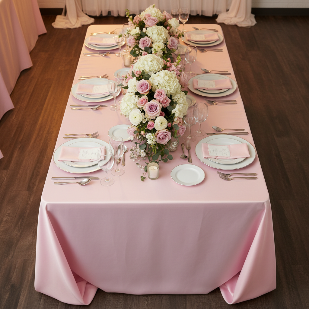 90"x132" Rectangular Oblong Premium Polyester Tablecloth - Pastel Pink in Indoor Reception.
