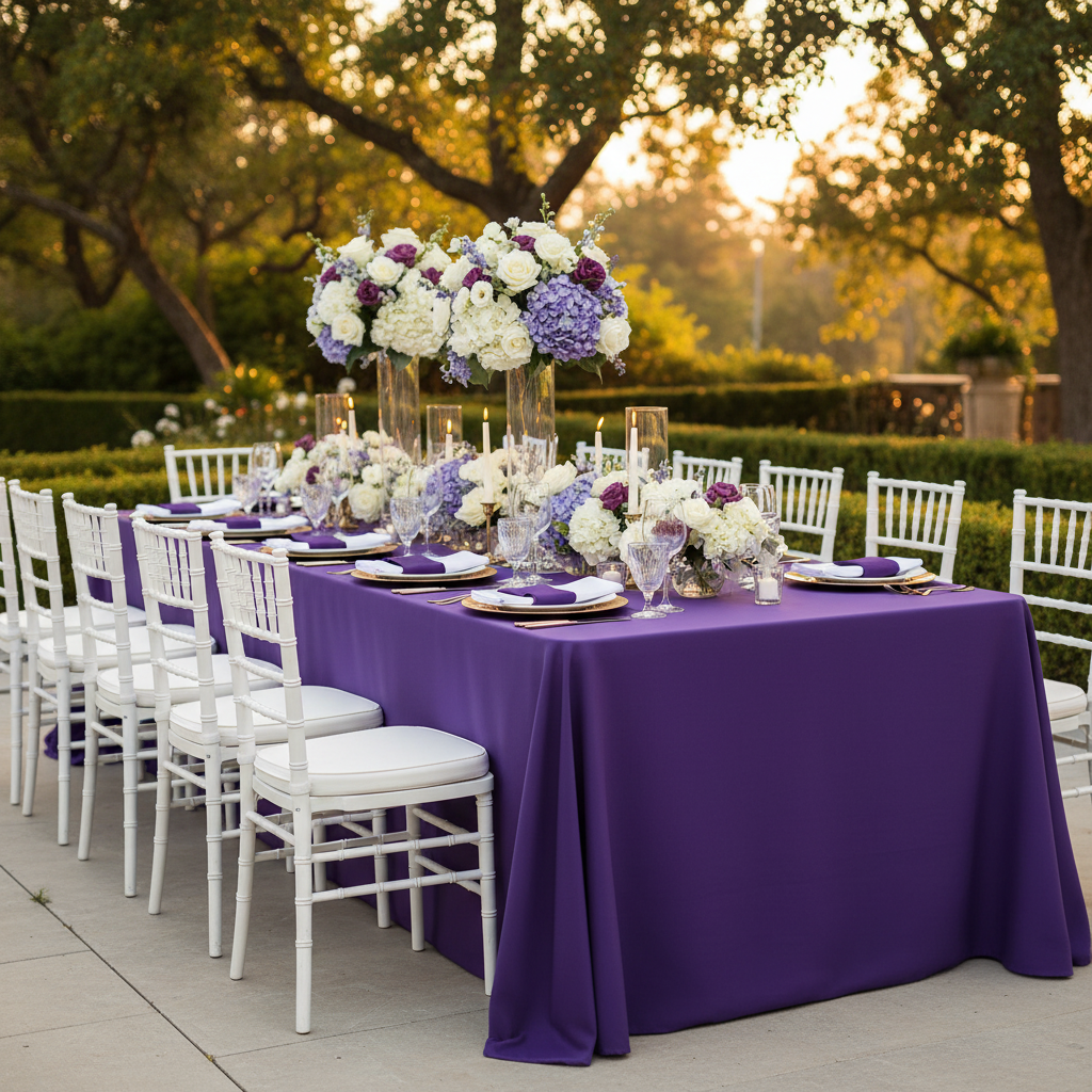 90"x132" Rectangular Oblong Premium Polyester Tablecloth - Purple in Outdoor Reception.