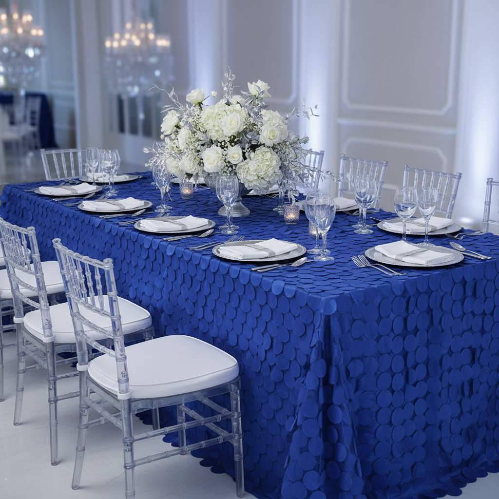 90"x132" Petal Circle Taffeta Rectangular Tablecloth - Royal Blue with silver charger plate | white napkin | floral centerpiece | glass goblets 