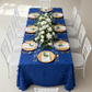 90"x132" Petal Circle Taffeta Rectangular Tablecloth - Royal Blue with gold charger plate | white napkin | white chiavari | premade flower runner | glass goblets 