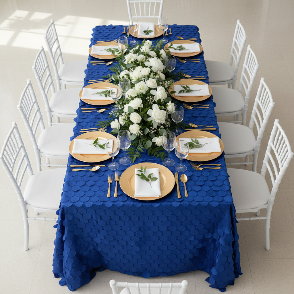 90"x132" Petal Circle Taffeta Rectangular Tablecloth - Royal Blue with gold charger plate | white napkin | white chiavari | premade flower runner | glass goblets 