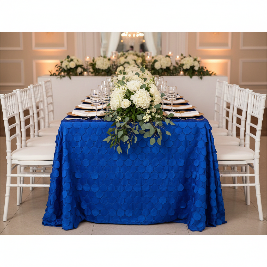 90"x132" Petal Circle Taffeta Rectangular Tablecloth - Royal Blue with gold charger plate | white napkin | white chiavari | premade flower runner | glass goblets 