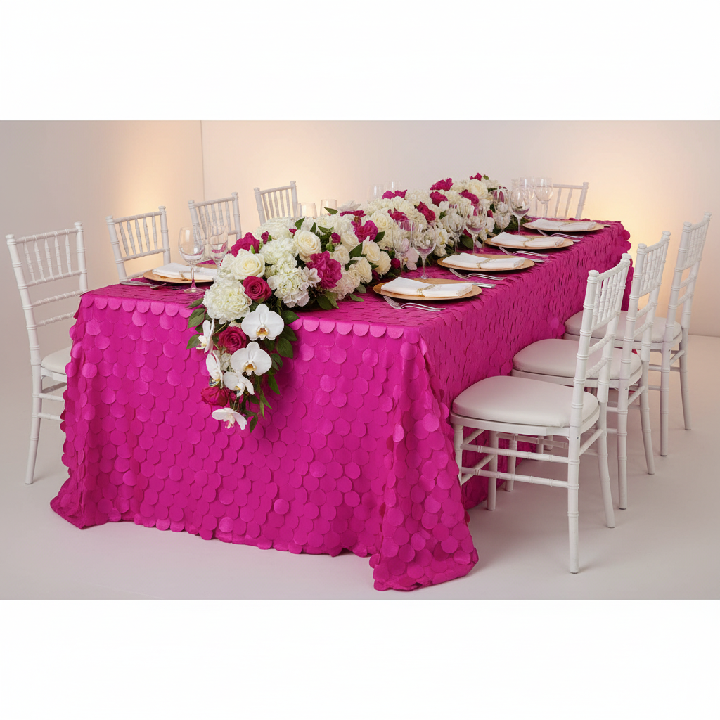 90"x156" Petal Circle Taffeta Rectangular Tablecloth - Fuchsia with flower premade runner | gold charger plate | white napkin