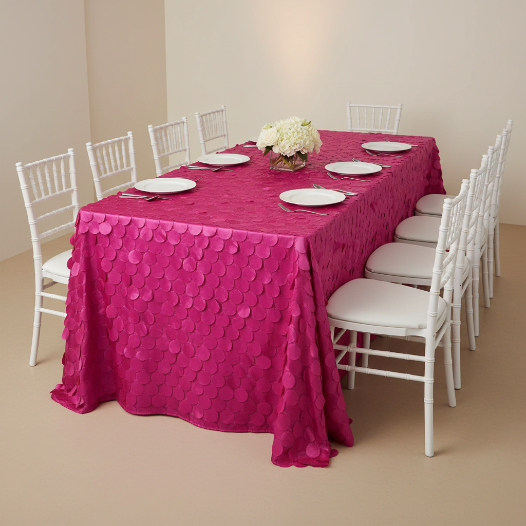 90"x156" Petal Circle Taffeta Rectangular Tablecloth - Fuchsia | white dinner plate