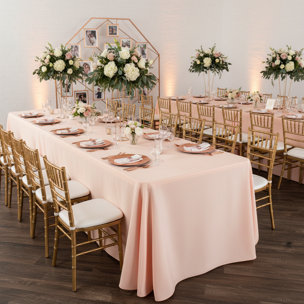 90"x156" Rectangular Oblong Premium Polyester Tablecloth - Blush/Rose Gold | charger plate | napkin | wine goblets 