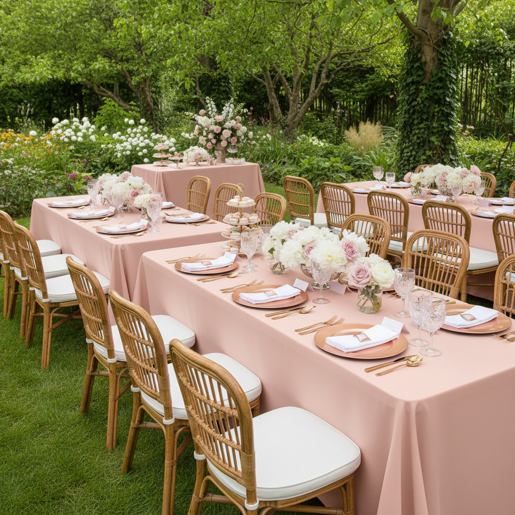 90"x156" Rectangular Oblong Premium Polyester Tablecloth - Blush/Rose Gold | charger plate | napkin | wine goblets  flower centerpiece