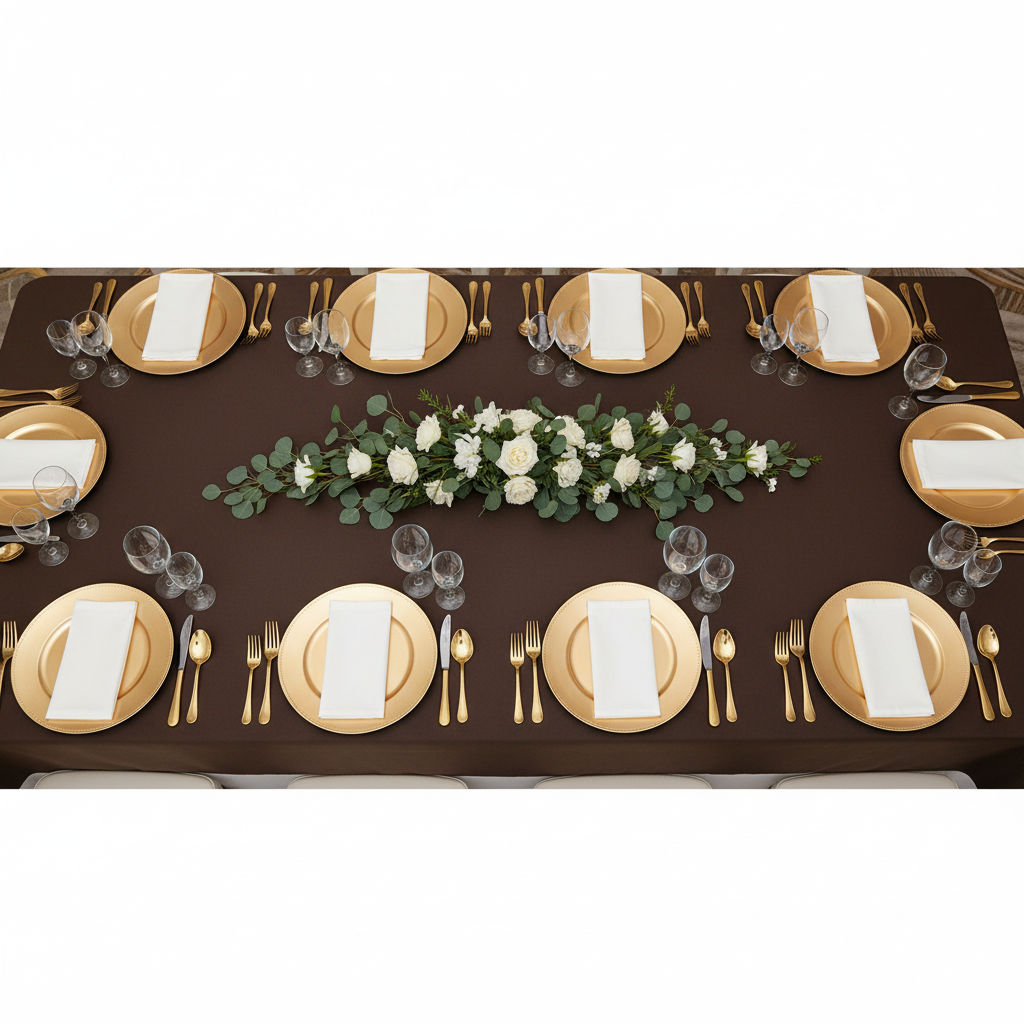 top view detail of 90"x156" Rectangular Oblong Premium Polyester Tablecloth - Chocolate Brown