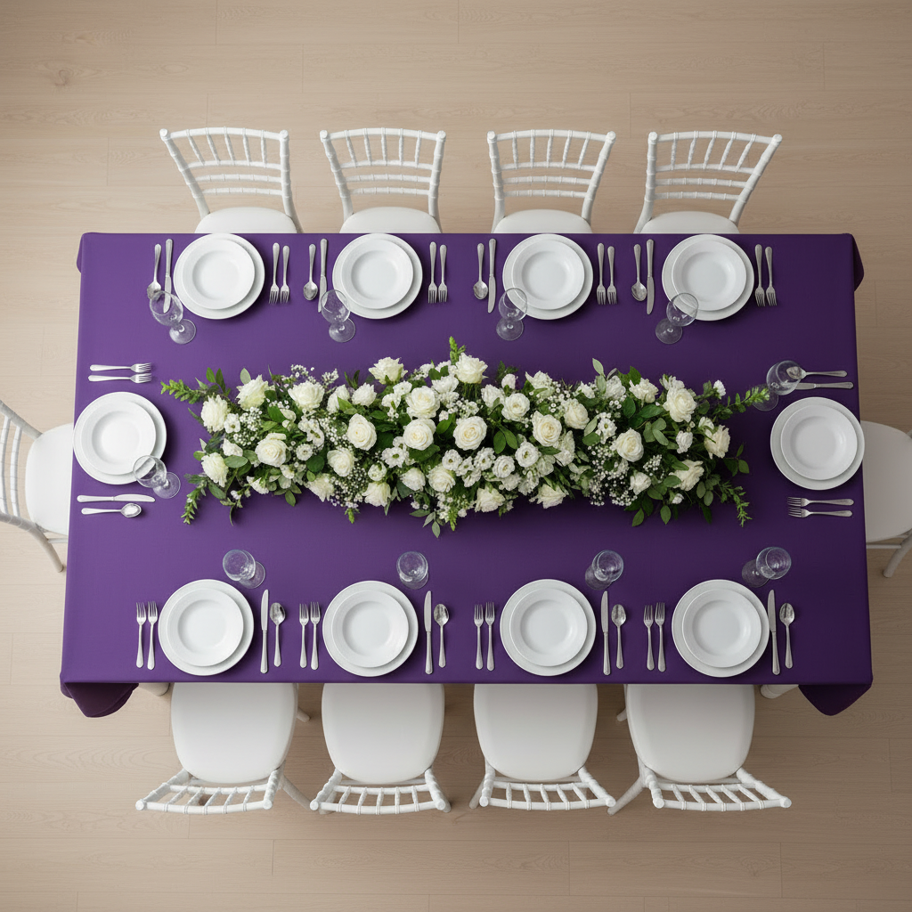90"x156" Rectangular Oblong Premium Polyester Tablecloth - Purple | charger plate | wine goblet | flower premade runner |