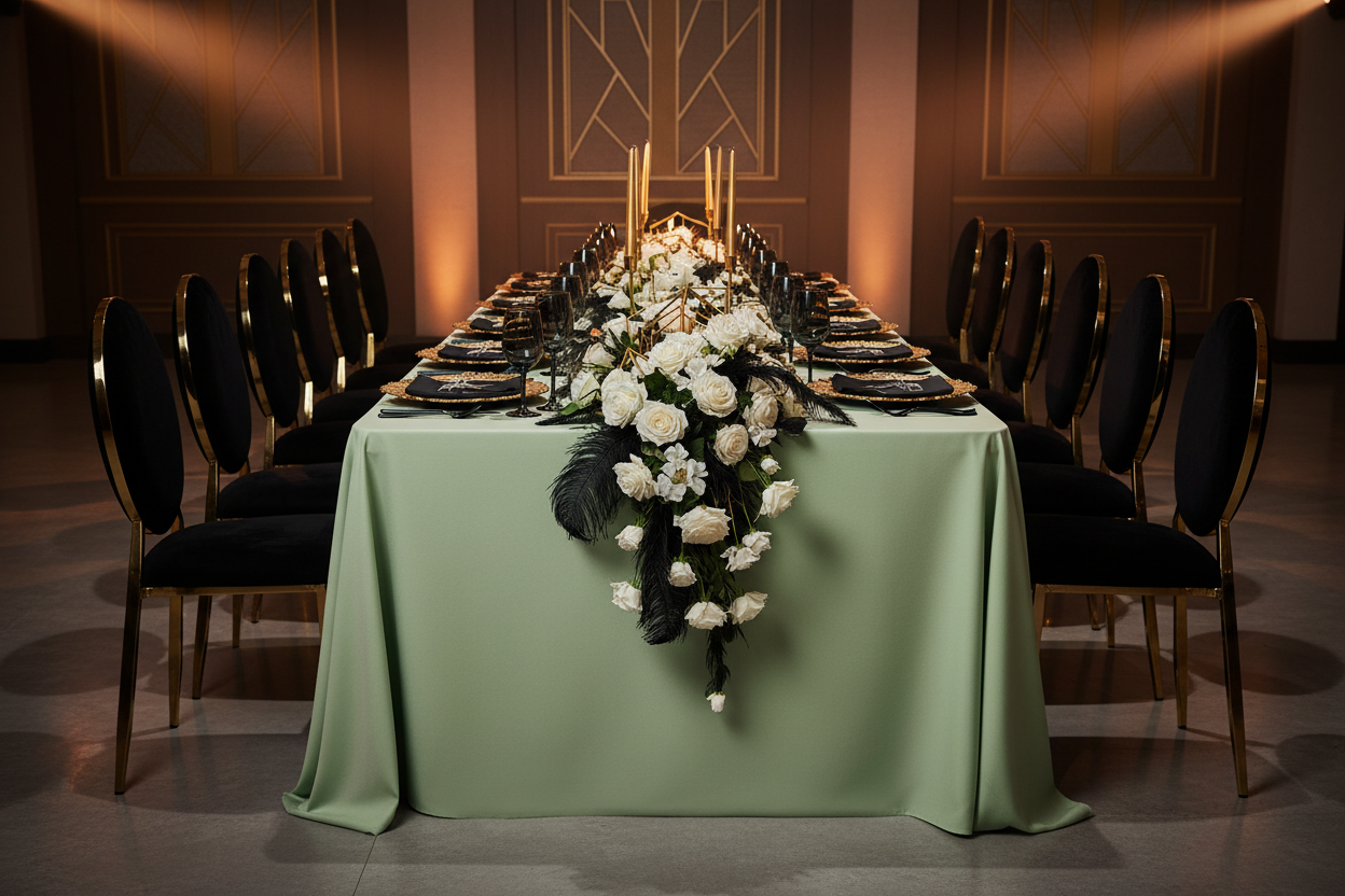 corporate dinner setup with 90"x156" Rectangular Oblong Premium Polyester Tablecloth - Sage Green