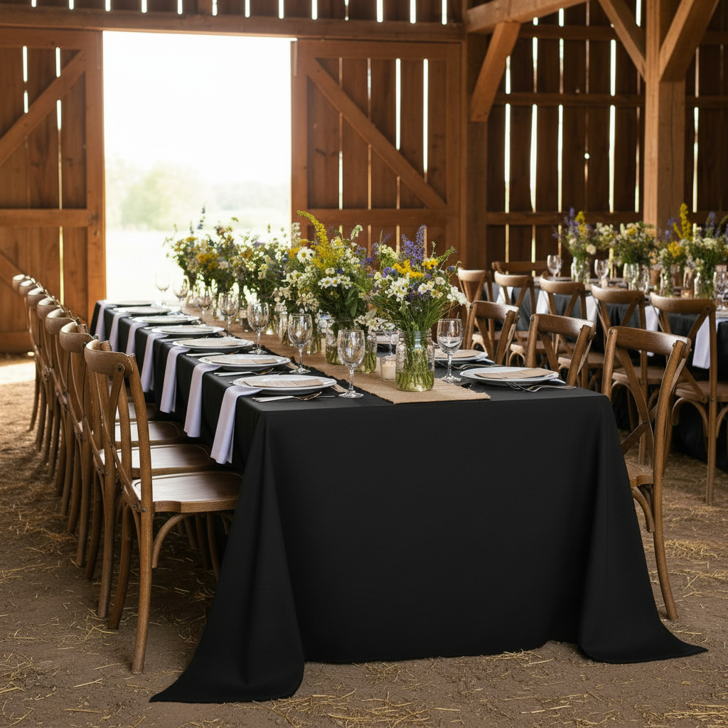 90"x156" Rectangular Premium Polyester Tablecloth (Square Corners) - Black for rustic barn scene with cross-back chairs, wildflower mason jar centerpieces