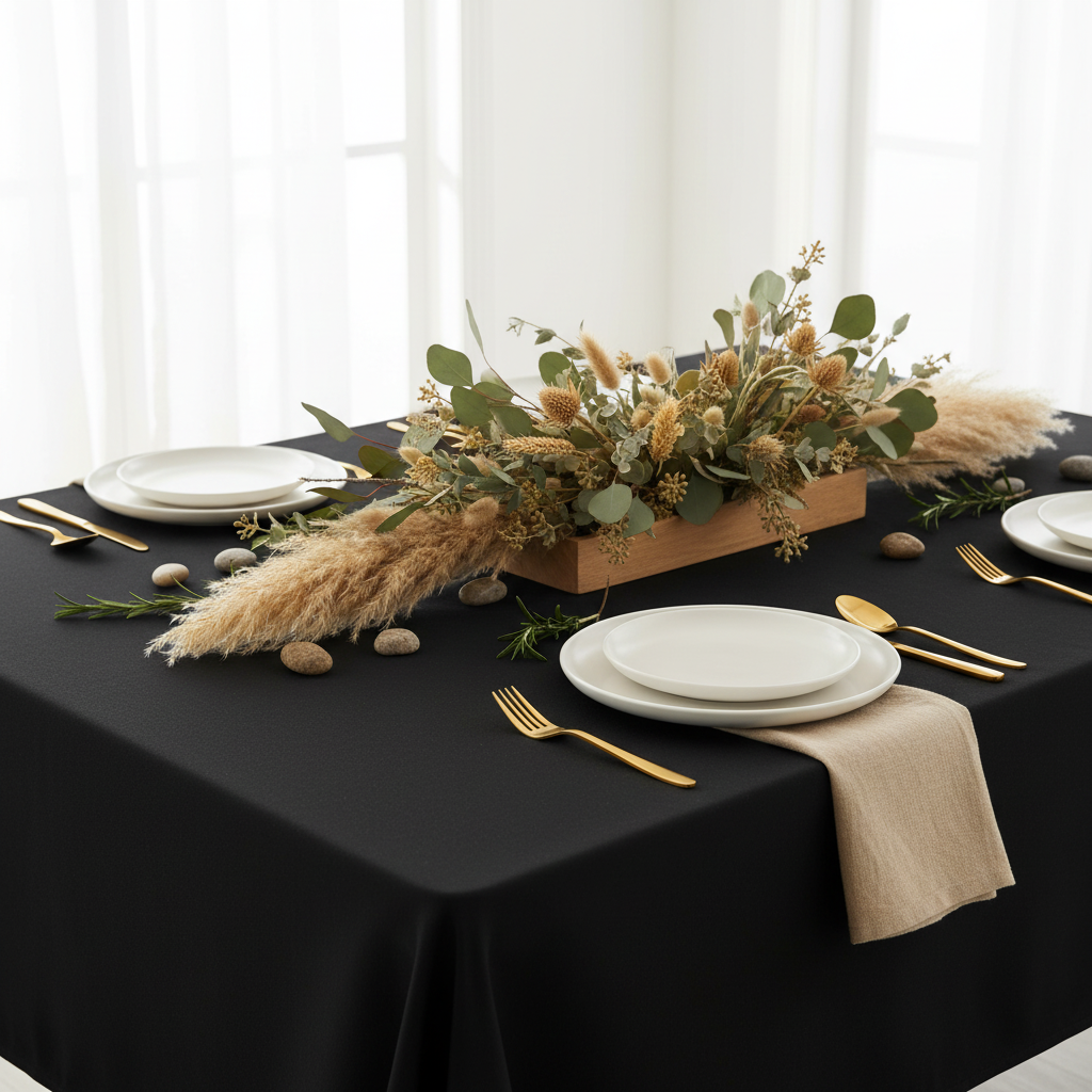 90"x156" Rectangular Premium Polyester Tablecloth (Square Corners) - Black with white dinner plate and champagne napkin