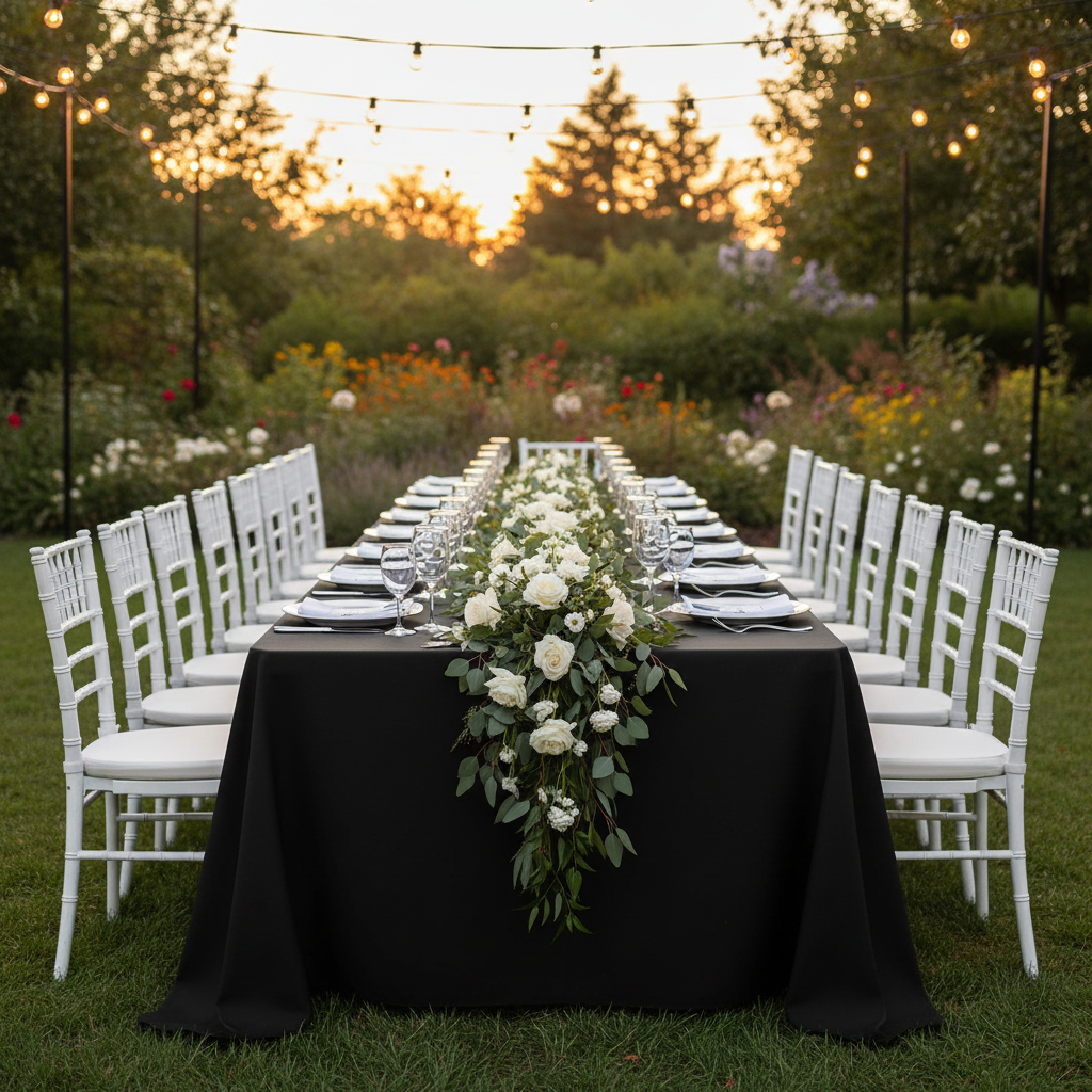 90"x156" Rectangular Premium Polyester Tablecloth (Square Corners) - Black with white dinner plate, napkin and chiavari chairs for wedding reception