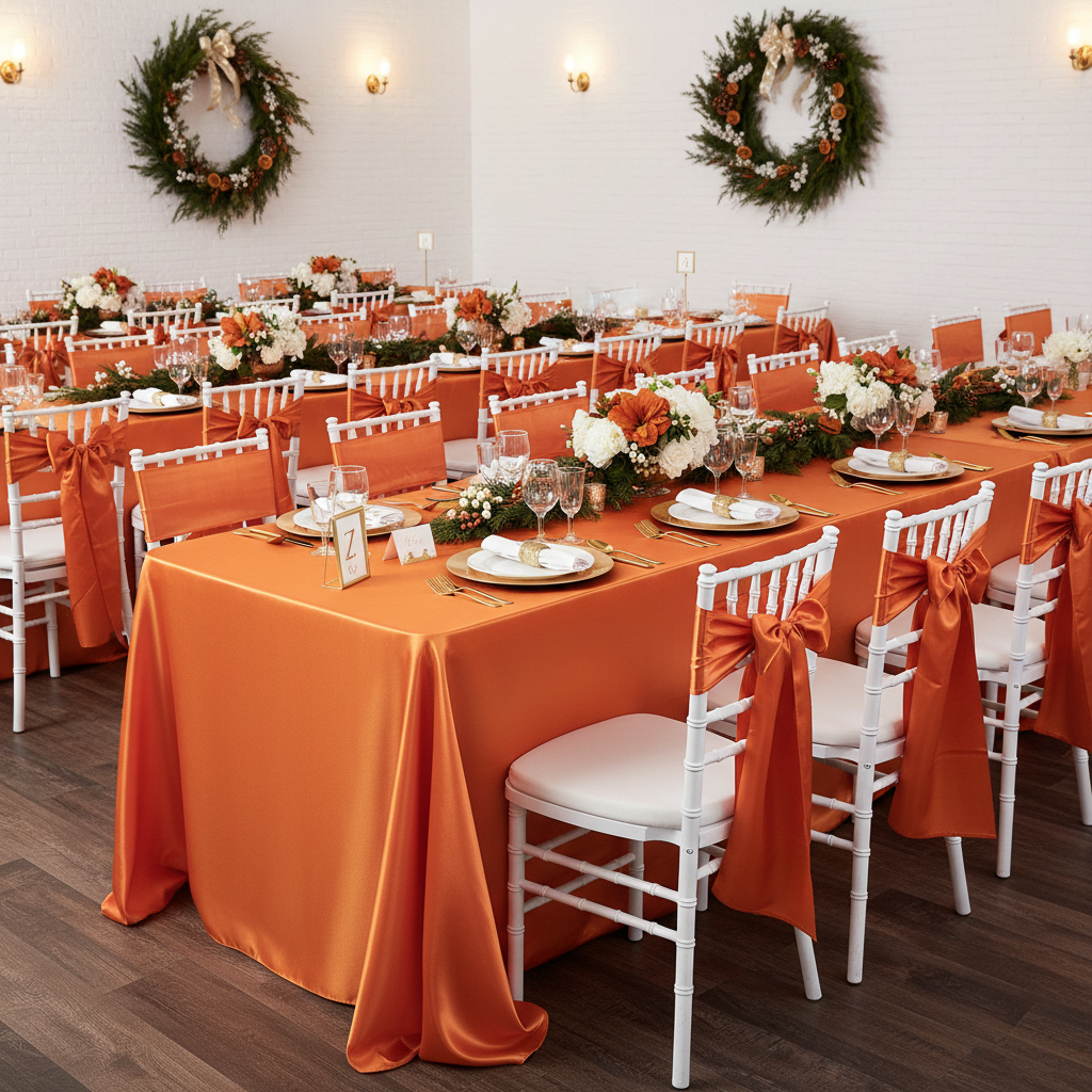 90"x156" Rectangular Satin Tablecloth - Burnt Orange | charger plate | napkin | dinner plate | flower premade runner